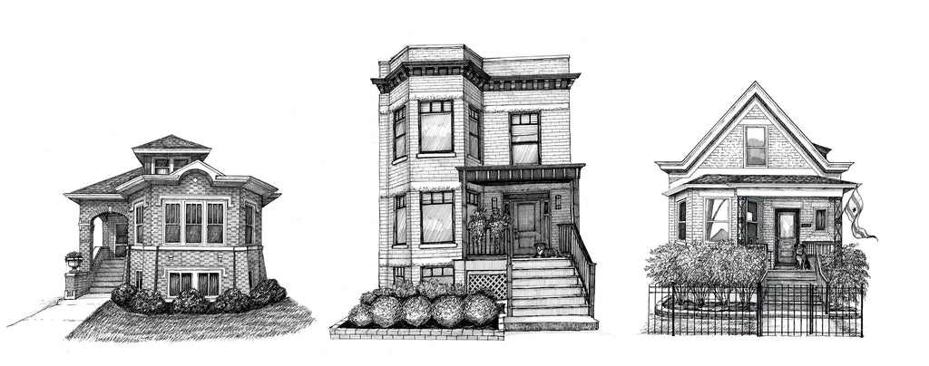 Chicago home portrait - drawing of a Chicago bungalow and two-flat and workers cottagein pen and ink